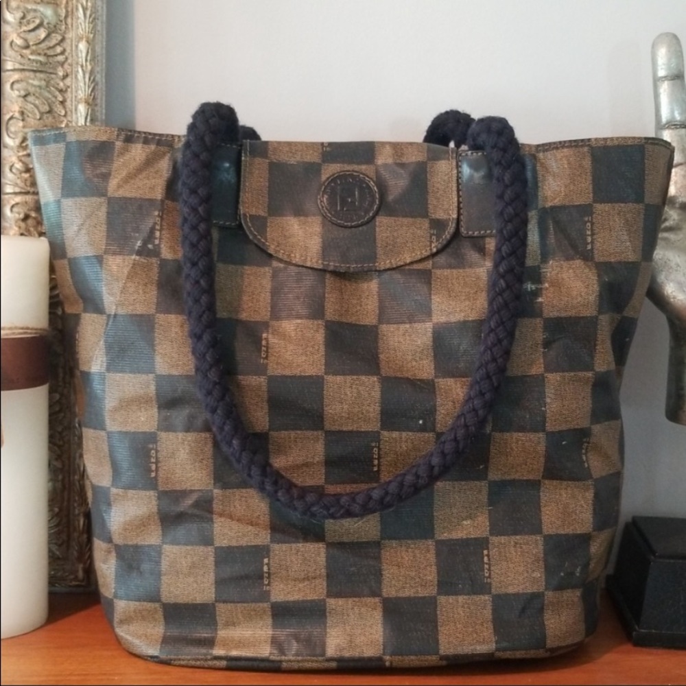 ⏳ Fendi Checkered Convertible Tote Bucket Bag